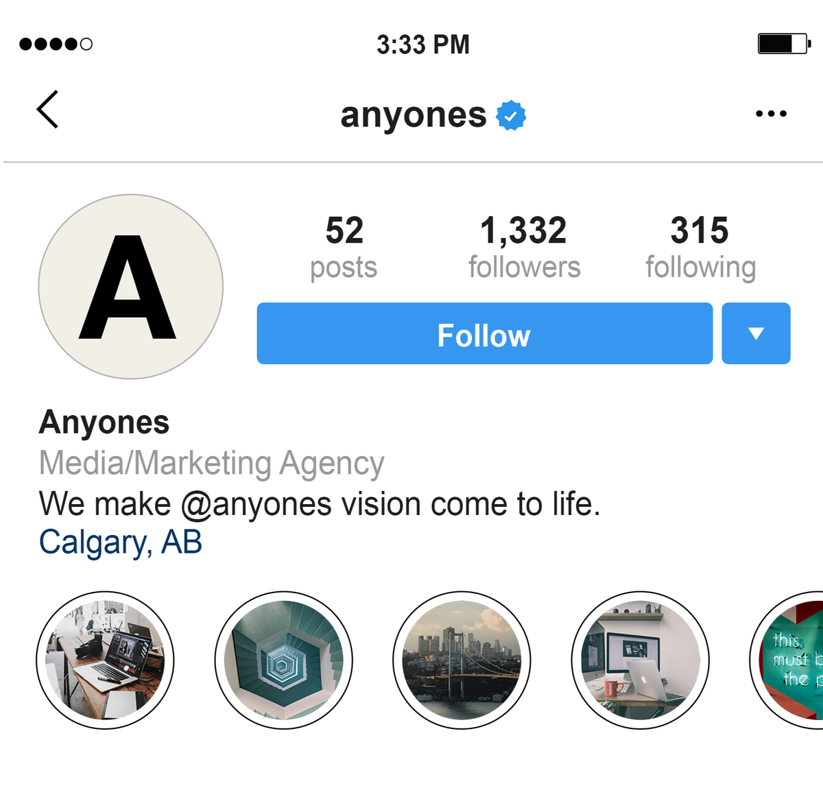 Anyones Instagram profile as a result of growth and brand vision